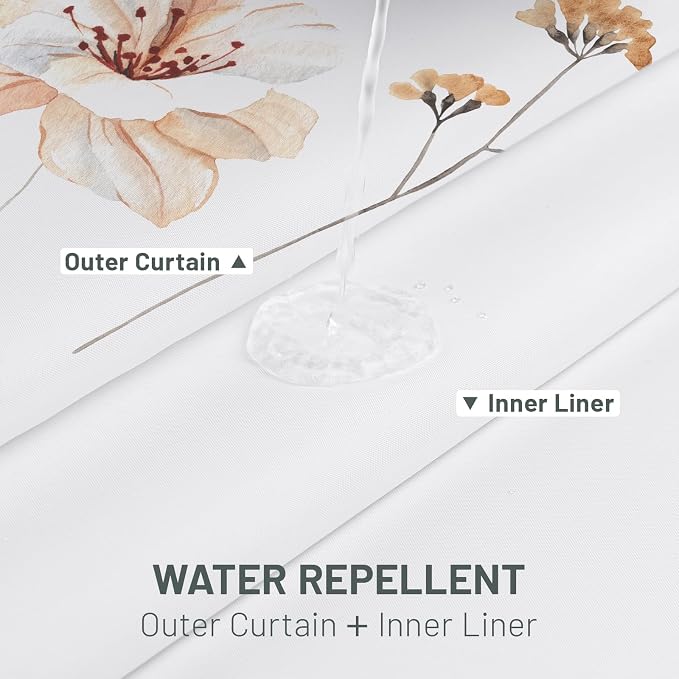 No Hook Floral Shower Curtain with Liner, Blue Beige, 71x77 | Snap in Liner, 3 in 1, Water Repellent, Easy Install, Machine Washable, Hotel Style for Bathroom, Watercolor Pattern