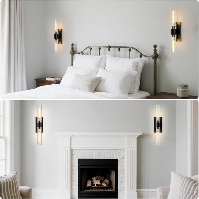 Black Brass Bathroom Wall Sconce: Set of 2 Modern Linear Matte Sconces | Clear Glass Tube Vanity Lights, Vertical or Horizontal Mounted Dimmable Lighting Fixtures for Indoor Living Room Hallway