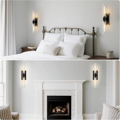 Black Brass Bathroom Wall Sconce: Set of 2 Modern Linear Matte Sconces | Clear Glass Tube Vanity Lights, Vertical or Horizontal Mounted Dimmable Lighting Fixtures for Indoor Living Room Hallway