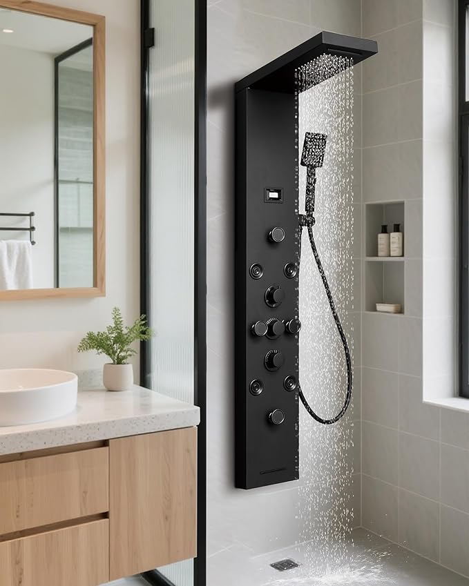 Homevacious 5 IN 1 Shower Panel Stainless Steel Shower Tower Panel System Matte Black Rainfall Waterfall Shower Head with Handheld Shower Massage Body Jets with Tub Spout Shower System