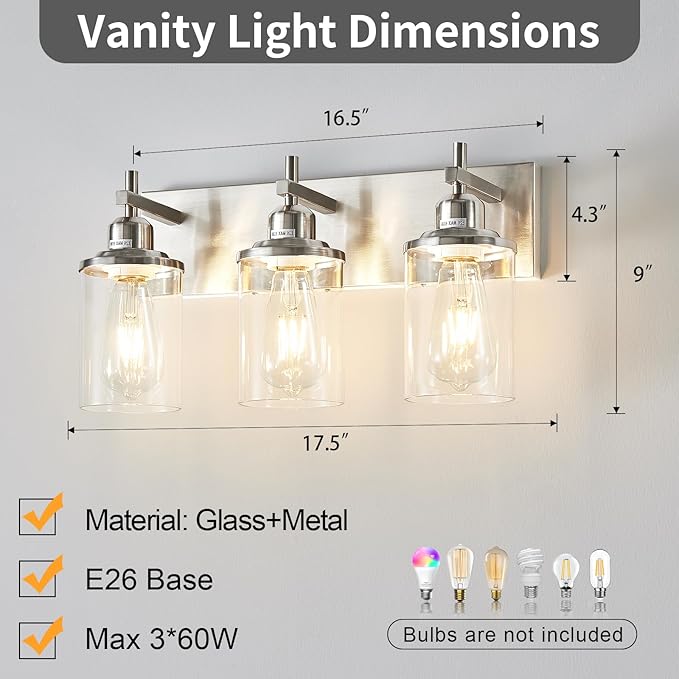 3-Light Brushed Nickel Bathroom Light Fixture Over Mirror Modern Bathroom Vanity Light Vintage Wall Lighting with Clear Glass Shade for Bathroom, Bedroom, Hallway, Cabinet