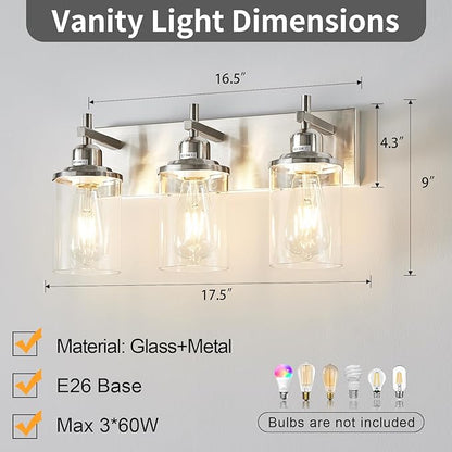 3-Light Brushed Nickel Bathroom Light Fixture Over Mirror Modern Bathroom Vanity Light Vintage Wall Lighting with Clear Glass Shade for Bathroom, Bedroom, Hallway, Cabinet
