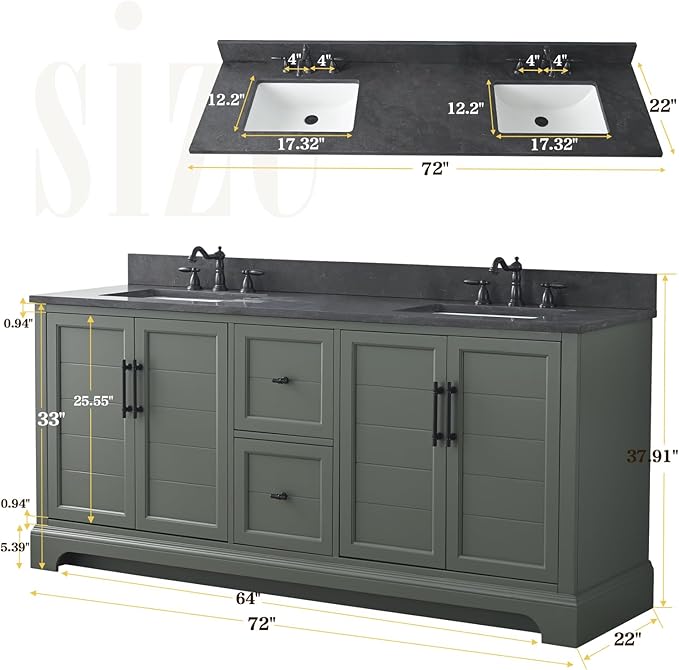 Vanity Art 72 Inch Double Sink Bathroom Vanity with Ceramic Sink and Stone Top | Undermount Rectangular Cabinet with Soft Closing Doors, Dovetailed Drawers, No Mirror VA5072-DVG