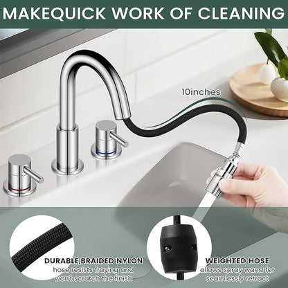 Pull Down Bathroom Faucet for Sink 3 Hole,8 inch Widespread Chrome Bathroom Sink Faucet with Pop Up Drain, Water Supply Hoses