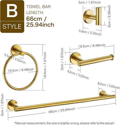Bathroom Hardware Set, Brushed Gold, 24in, 4-Piece | Stainless Steel, Wall-Mounted, Towel Bar, Toilet Paper Holder, Towel Ring, Towel Hooks, Adjustable