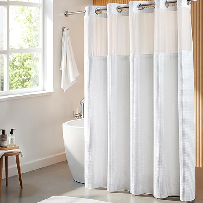 River Dream White Cotton Blend Fabric Shower Curtain Set with Liner, 71x74 | Waffle Weave, No Hook Needed, with Snap in Replacement Liner, Top Sheer Window, Hotel Quality Fabric for Bathroom