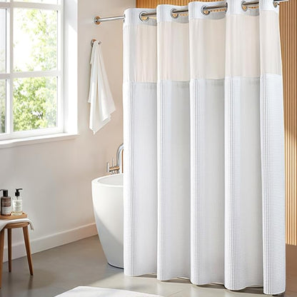 River Dream White Cotton Blend Fabric Shower Curtain Set with Liner, 71x74 | Waffle Weave, No Hook Needed, with Snap in Replacement Liner, Top Sheer Window, Hotel Quality Fabric for Bathroom