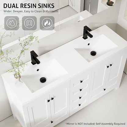eclife 60" Bathroom Vanities with Sink Combo, Modern Thickened Wood Bathroom Storage Cabinet w/Undermount Double Sink, Matte Black Faucet Drain, Painted Surface, White