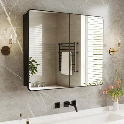 Medicine Cabinet Mirror 40x32 Inch, Double-Sided Bathroom Mirror Cabinet with Adjustable Glass Shelves, 2-Compartment Bathroom Mirror with Storage Recessed or Wall Mount
