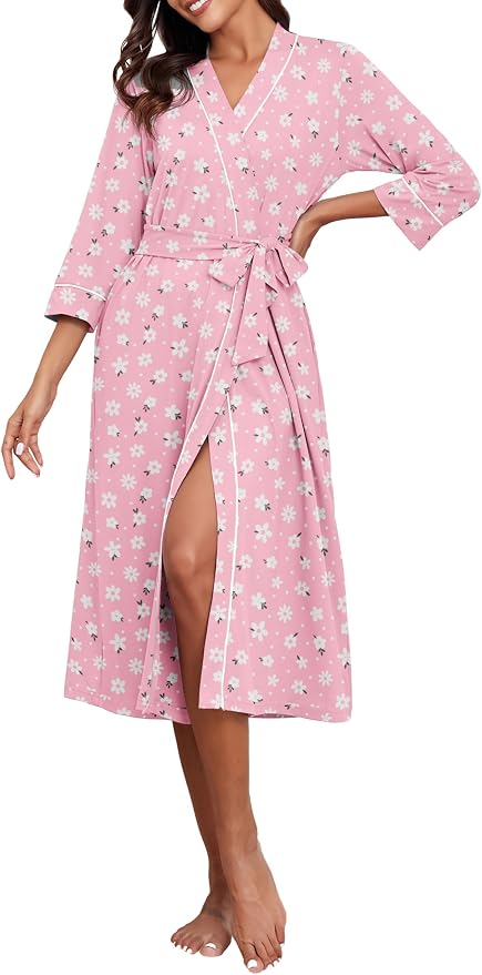 PrinStory Robes for Women 3/4 Sleeve Long Bath Robe XS-4XL | V-Neck Knit Bathrobe with Pockets, Lightweight, Soft, Breathable Robes for Shower, Spa, Travel, Home, Party, Nursing