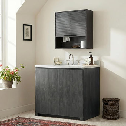 Wall Mounted Bathroom Cabinet with Motion Sensor LED Light & Tissue Dispenser, Modern Black Medicine Cabinet Over Toilet with Fluted Door, Adjustable Shelf for Skincare & Makeup Storage