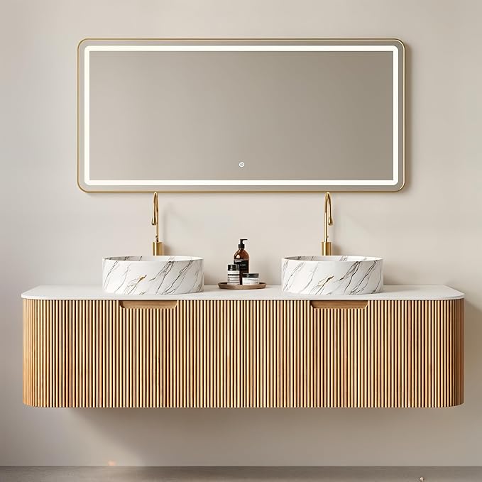 Yayzy 60" Floating Bathroom Vanity with Sink, Solid Wood Fluted Cabinet, White Marble-Patterned Ceramic Basin & Faux Marble Top, Soft-Close Drawer, Pre-Assembled, Natural Woodgrain