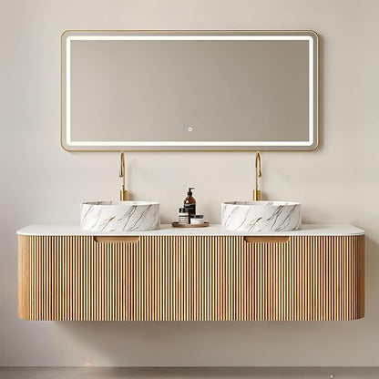 Yayzy 60" Floating Bathroom Vanity with Sink, Solid Wood Fluted Cabinet, White Marble-Patterned Ceramic Basin & Faux Marble Top, Soft-Close Drawer, Pre-Assembled, Natural Woodgrain