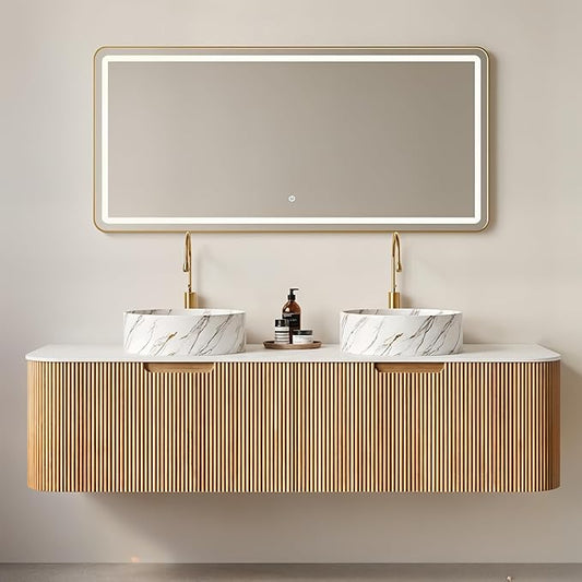 Yayzy 60" Floating Bathroom Vanity with Sink, Solid Wood Fluted Cabinet, White Marble-Patterned Ceramic Basin & Faux Marble Top, Soft-Close Drawer, Pre-Assembled, Natural Woodgrain