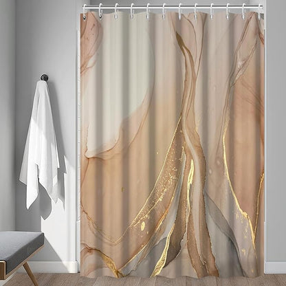 Brown Shower Curtain, Modern Brown Gold Grey Marble Shower Curtain for Bathroom Aesthetic Ink Texture Waterproof Shower Curtain Set with Hooks, 72x78 Inch