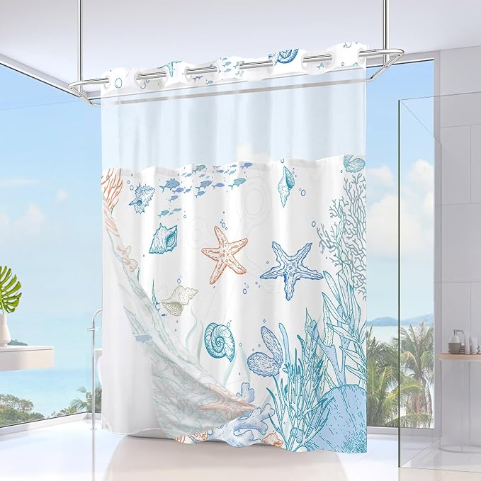 No Hook Shower Curtain and Liner Set, Orange Beach Coastal 71x84 | Nautical Ocean for Bathroom, with Snap in Liner Replacement, Mesh Top Window, Waterproof, Machine Washable, Quick-Drying