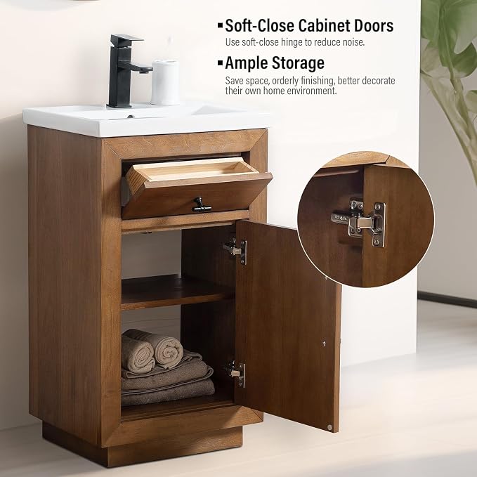 Vanity Art 20 inch Bathroom Vanity with Sink, Small Vanity Cabinet with Doors and Removable Shelf, Modern Wood Cabinet with Marble Top, Solid Wood Frame, Ceramic Sink, Tan VA7020