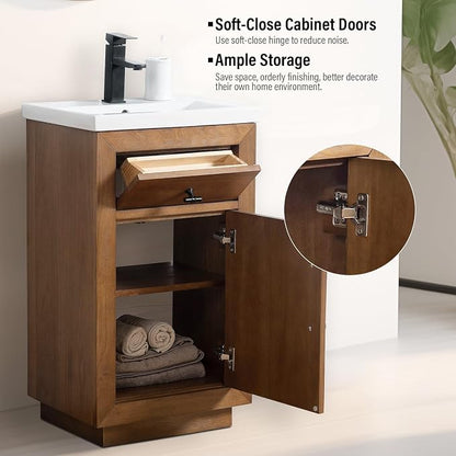 Vanity Art 20 inch Bathroom Vanity with Sink, Small Vanity Cabinet with Doors and Removable Shelf, Modern Wood Cabinet with Marble Top, Solid Wood Frame, Ceramic Sink, Tan VA7020