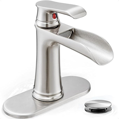 Waterfall Bathroom Faucet, Brass Brushed Nickel Bathroom Faucets, Single Handle Bathroom Sink Faucet, 4 Inch Vanity Faucet 1 Hole or 3 Holes with Drain Deck Plate & Supply Hoses for RV Lavatory