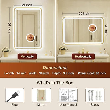 24x36 Inch Gold Framed LED Bathroom Mirror with Lights,Magnifying Tempered Glass,Dimmable Lighted Bathroom Vanity Mirror with 3 Colors, Backlit + Frontlit, Anti-Fog