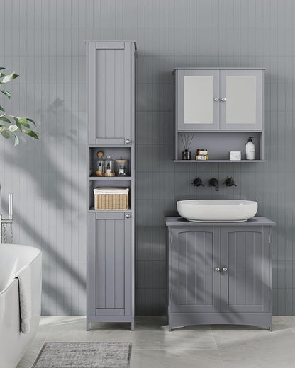 VASAGLE Tall Storage Cabinet with Lights, Slim Freestanding Cabinet with Adjustable Shelves, for Small Spaces, Bathroom, Living Room, Modern, 11.8 Inches Wide, Dove Gray UBBC566G02