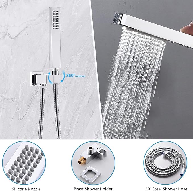 Dual Rain Shower Head System Ceiling Mount 14x20inch LED Shower Head and 8 Inch Side Shower Head with Handheld, Rainfall Shower Faucet Set (Chrome)