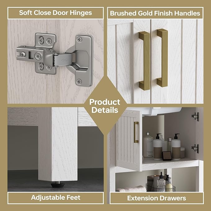 30 Inch Modern Bathroom Vanity with Sink, White | Freestanding Vanity Cabinet with Soft-Close Door, Open Storage Shelf, Gold Handles & Adjustable Feet