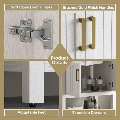 30 Inch Modern Bathroom Vanity with Sink, White | Freestanding Vanity Cabinet with Soft-Close Door, Open Storage Shelf, Gold Handles & Adjustable Feet