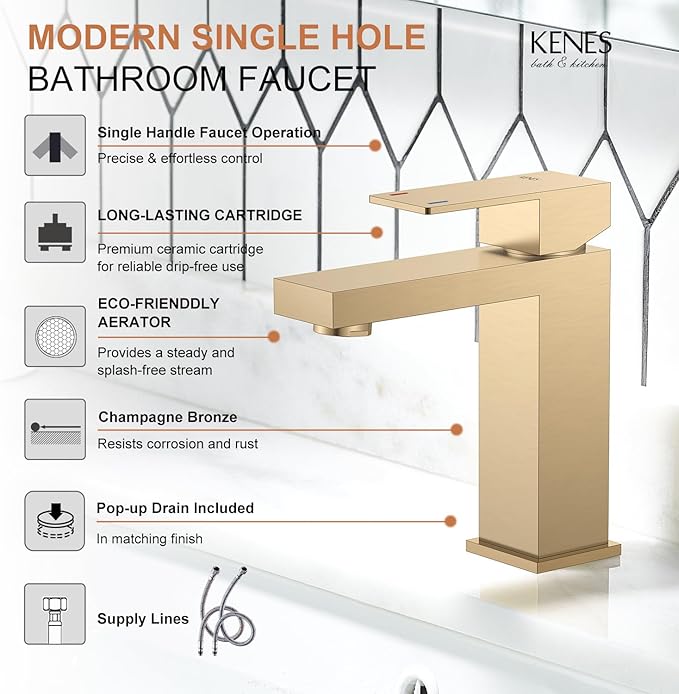 KENES Champagne Bronze Bathroom Faucet 1 Hole, Single Handle Gold Bathroom Sink Faucet, Vanity Faucet with Pop Up Drain and Supply Lines, LJ-9031-CB