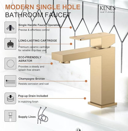 KENES Champagne Bronze Bathroom Faucet 1 Hole, Single Handle Gold Bathroom Sink Faucet, Vanity Faucet with Pop Up Drain and Supply Lines, LJ-9031-CB