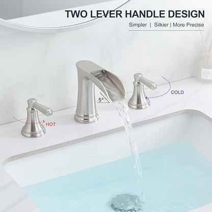 8 Inch Brushed Nickel Bathroom Faucet Widespread, Brass Waterfall Faucet for Bathroom Sink 3 Hole 2 Handle with Pop up Drain & Pre-Installed cUPC Supply Pipe for Restroom, 10 Mins Install