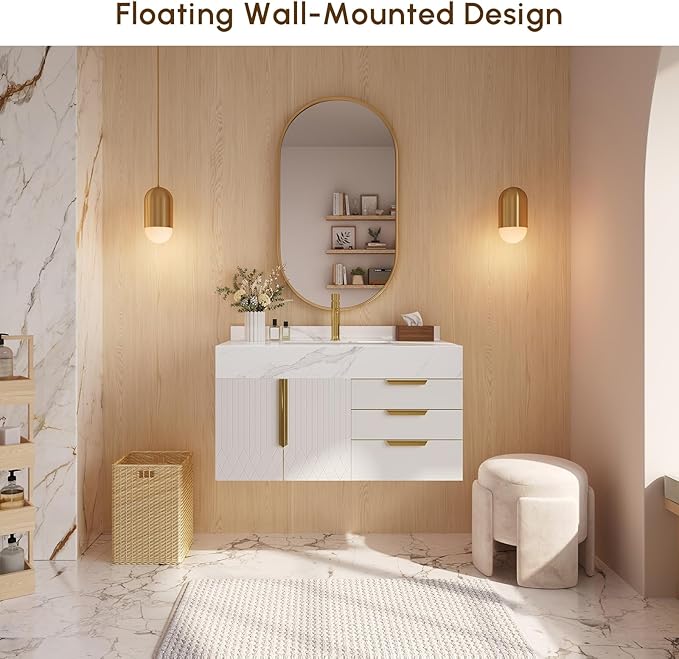 Bathroom Vanity with Sink, Modern Bathroom Vanity with Faux Marble Top, Gold Hardware & Soft-Close Drawers for Bathroom Storage (35.4 Inch, White, Single Sink & Floating)
