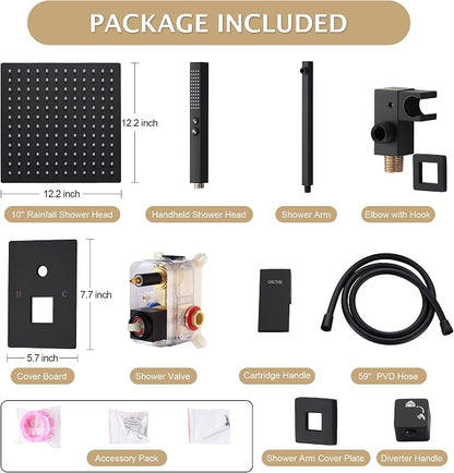Rain Shower System, 12''Square Rain Head,2-Spray Handheld,Matte Black | 2 Spray Functions,Anti-Tangle Explosion-proof PVD Hose,Balance Temp Valve,Rust-proof & Scratch-resistant