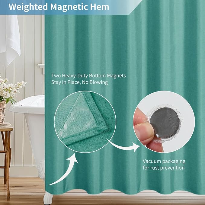 Waterproof Fabric Shower Curtain,No Liner Needed,72x72,Teal | 2-in-1 Design,Linen Textured,100% Waterproof TPU-Laminated Backing,Magnetic Weighted,Machine Washable,For Bathroom,Hotel