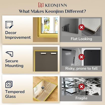 Keonjinn 60" x 36" Gold Bathroom Mirrors, Secure French Cleat Installation | Tempered Glass with Beveled Edge, Aluminum Alloy Frame, Anti-Rust, Large, Brushed Gold Bathroom Vanity Mirror for Wall