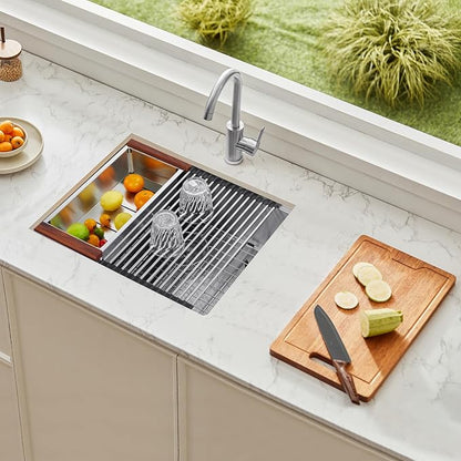 VEVOR 23 inch Kitchen Single Sink, 304 Stainless Steel Undermount Sink Drop-In Single Bowl Farmhouse Basin with Ledge & Multiple Accessories, Household Dishwasher Sinks for Prep Kitchen, Bar 23"*19"