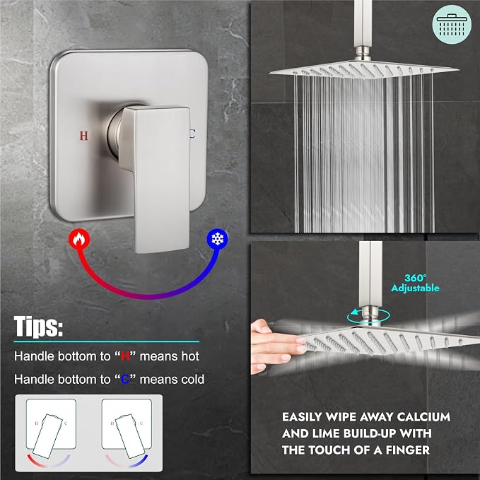 Heyalan 10-Inch Ceiling Mount Shower Faucet Set with Valve, Brushed Nickel | Rainfall shower head, ceiling-mount design, SUS304 steel, adjustable angle, single-handle control
