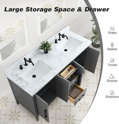 60 Inch Bathroom Vanity with Sink & Ceramic Top, Double Vanity Cabinet with Basin, Soft-Closing Doors & Matte Black Hardware, Grey