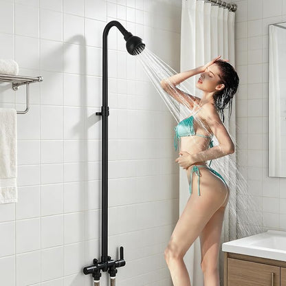 Outdoor Shower Kit with Matte Black Stainless Steel Rain Shower Head and Double-handle Straight-blade Handwheel,3 Inch Center Brass Outdoor Shower Fixtures