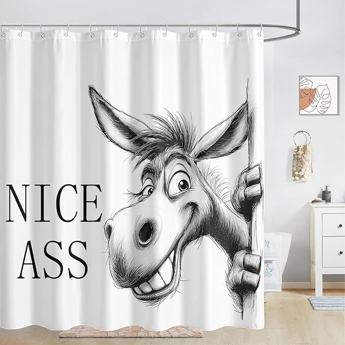 Funny Donkey Shower Curtain Rustic Farmhouse Shower Curtains for Bathroom Black and White Grin Donkey Fun Cute Animal Wildlife Waterproof Fabric Bath Curtain Decor 72 X 72 Inch
