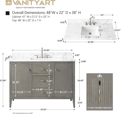 Vanity Art 48 inch Bathroom Vanity with Single Sink & Ceramic Top, Vanity Cabinet with Soft-Closing Door, Solid Wood Frame, Linear Pattern, Driftwood Gray, Golden Brushed Handware VA9148-DG-GB