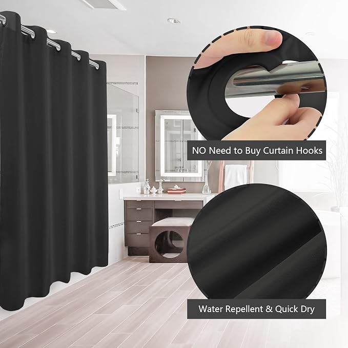 River Dream Extra Long Shower Curtain No Hooks or Liner Needed, Black | Soft Microfiber, 84" Long Fabric Shower Curtain Set Waterproof, Bottom Magnets, Machine Washable, 71W x 86H(84H)