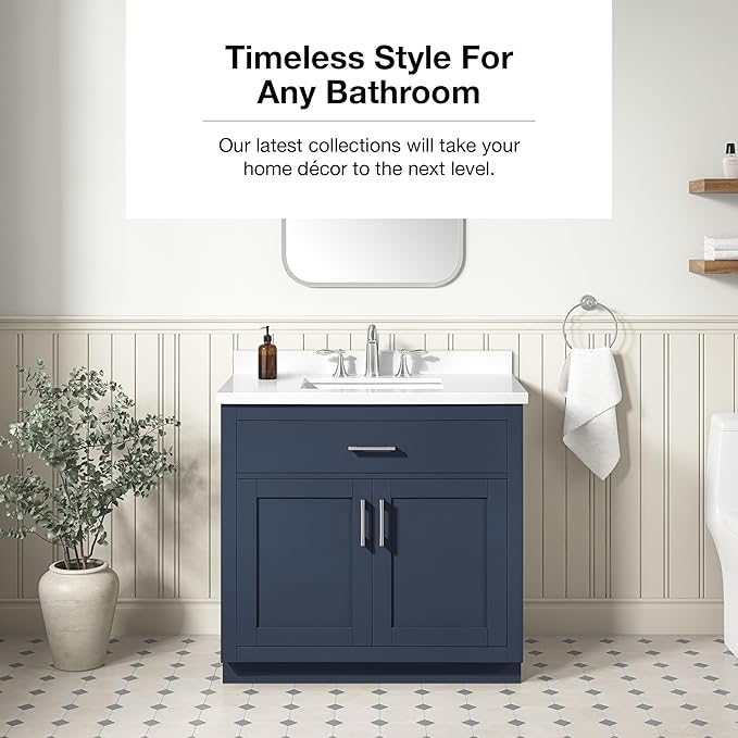 OVE Decors Bailey 36 in. Single Sink Freestanding Midnight Blue Bathroom Vanity with White Quartz Top and Matching Backsplash
