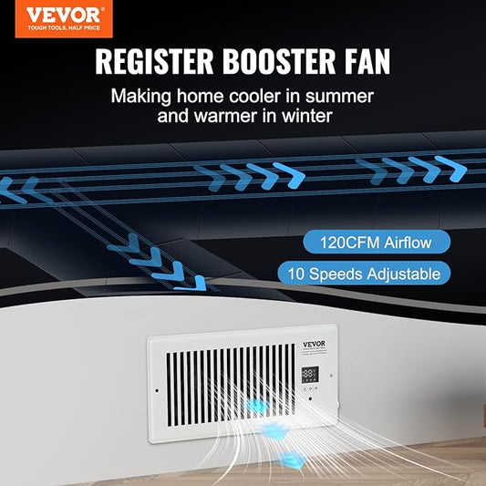 VEVOR Register Booster Fan, Quiet Vent Booster Fan Fits 4” x 10” Register Holes, with Remote Control and Thermostat Control, Adjustable 10-Speed for Heating Cooling Smart Vent, White