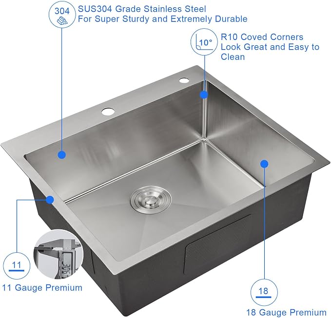 25 x 22 Inch Drop In Kitchen Sink 18 Gauge 304 Stainless Steel | 25"x22" Drop-in Sink | 18 Ga 304 SS | 1-hole | Topmount | Single Bowl | 9" Deep Basin| Large kitchen/prep