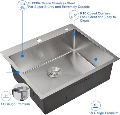 25 x 22 Inch Drop In Kitchen Sink 18 Gauge 304 Stainless Steel | 25"x22" Drop-in Sink | 18 Ga 304 SS | 1-hole | Topmount | Single Bowl | 9" Deep Basin| Large kitchen/prep