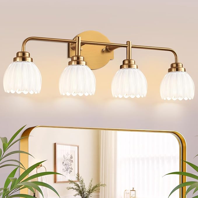 maesta Gold Broom Light Fixture,4 Light Vintage Vanity Light Over Mirror | Vintage Vanity Light, Brushed Gold Metal & Milk White Glass Shades, Anti-Rust, Easy to Install for Bathroom Hallway Bedroom