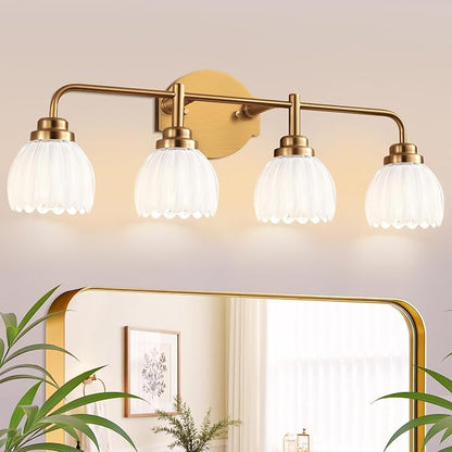 maesta Gold Broom Light Fixture,4 Light Vintage Vanity Light Over Mirror | Vintage Vanity Light, Brushed Gold Metal & Milk White Glass Shades, Anti-Rust, Easy to Install for Bathroom Hallway Bedroom