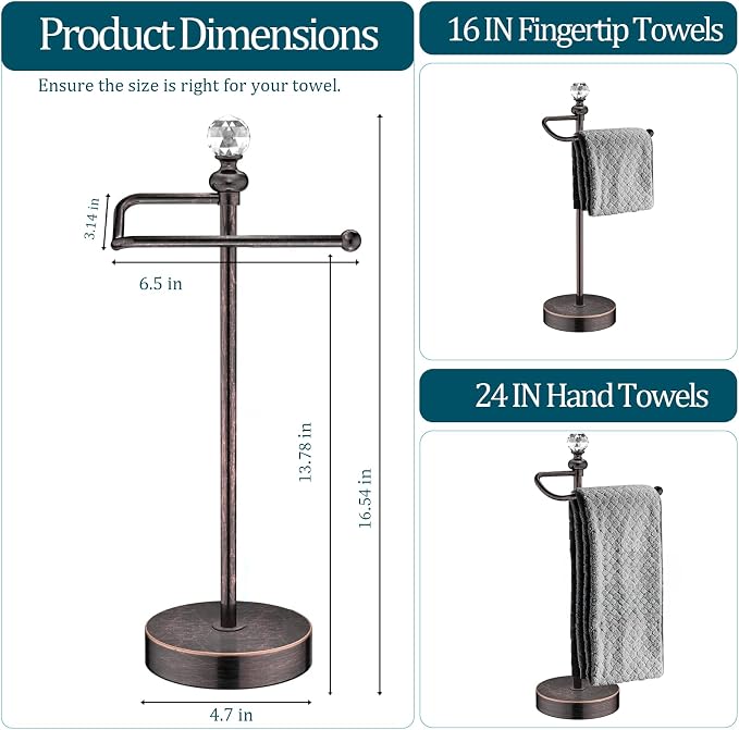 ROLABAM Heavy Weighted Hand Towel Holder(with Crystal Ball) Standing Hand Towel Holder Total Height 15.7'' for Kitchen,Bathroom,Vanity,Classic Decorative Metal Hand Towel Stand,Oil Rubbed Bronze