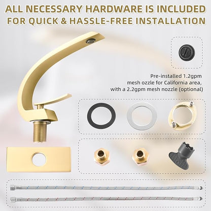 Brushed Gold Bathroom Sink Vanity Elegance Swan Faucet for 1 Hole With 6-Inch 3 Hole Deckplate,Rikaziya Bathroom Fixtures Basin Mixer Faucets Centerset With 9/16" Supply Hose and to 1/2" Adapter Combo
